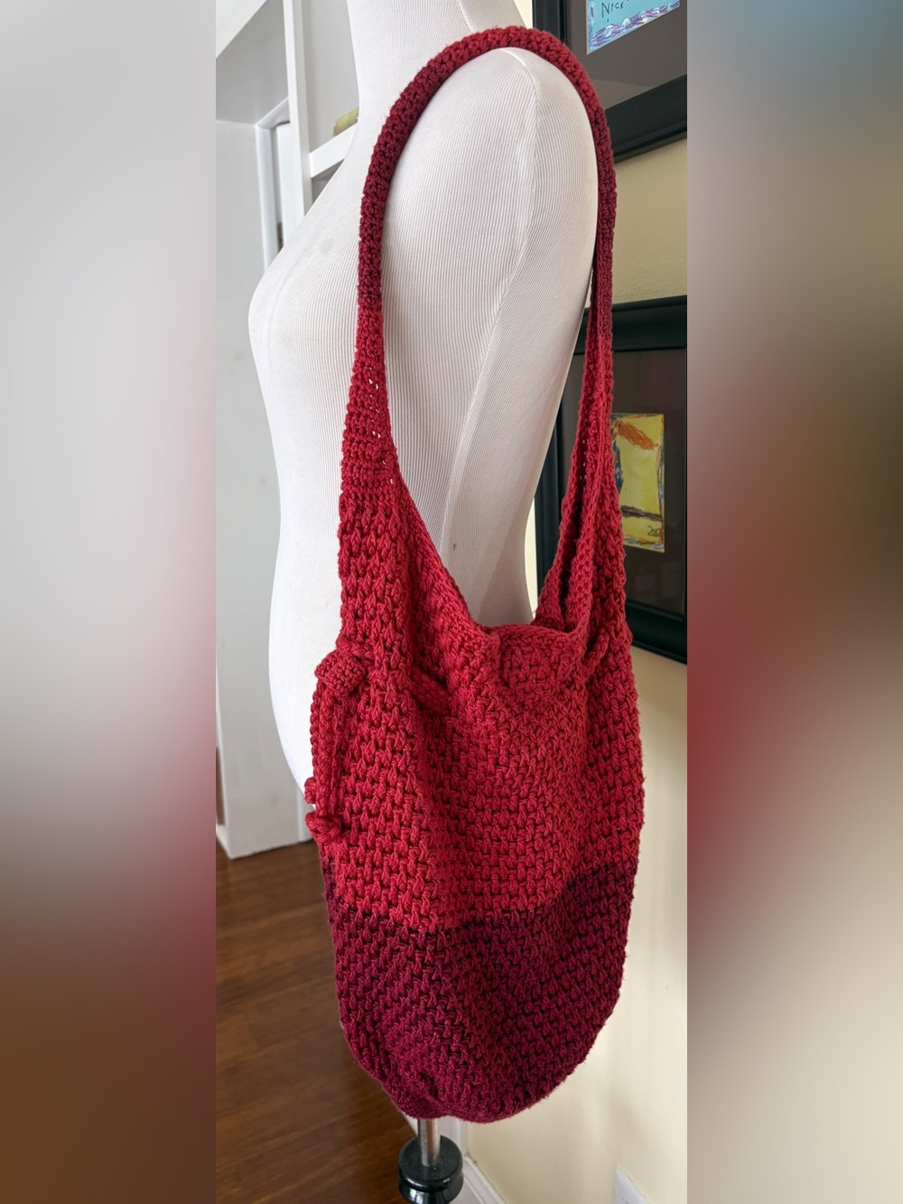 Boho Bag VTG Y2K Handmade Crochet Red Colorblock Shoulder Crossbody Happy & Free - Picture 5 of 7